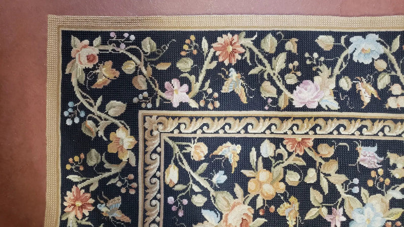 6x9 Vintage Needlepoint Rug, Petitepoint Carpet, Butterflies Floral Design by Jewel Rugs