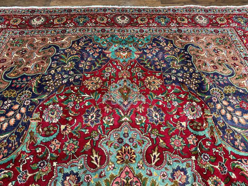 Wonderful Persian Tabriz Rug 10x14, Antique Persian Carpet, Handmade Wool Rug, Floral Medallion, Red Navy Blue, Colorful, Large Persian Area Rug by Jewel Rugs