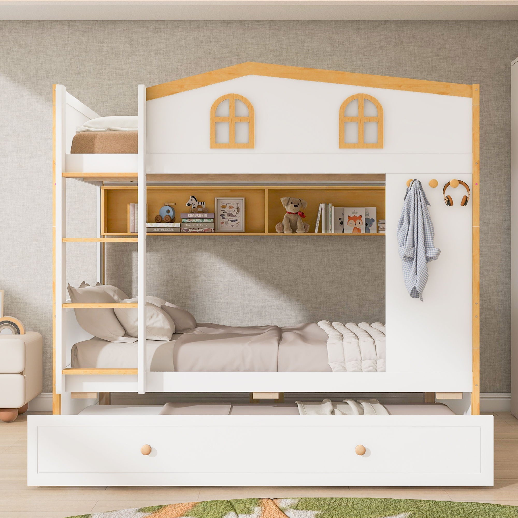 Bunk Bed With House Shaped Guardrails, Storage Shelves, And Trundle by HouseOfZazla