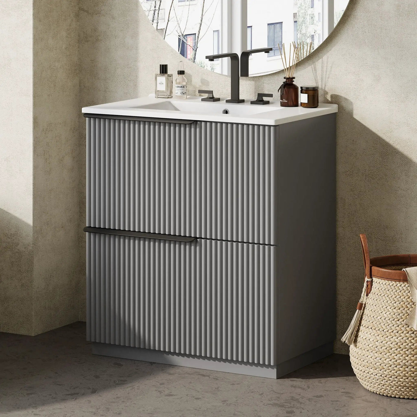 Fluted Bathroom Vanity With Ceramic Sink, Freestanding Cabinet by HouseOfZazla