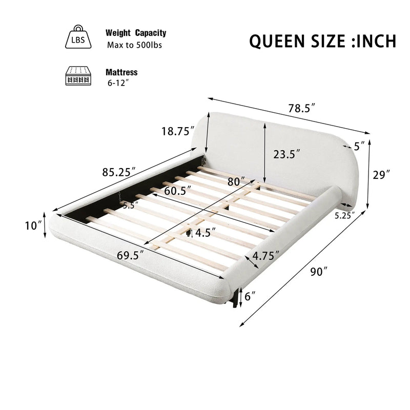 Queen Size Upholstered Bed Frame with Boucle Fabric and Steel Legs by HouseOfZazla