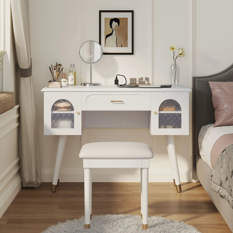 Elegant Vanity Makeup Table & Chair Set Modern Dressing Table With Organizer Writing Desk Charging Port Engineered Wood - White by HouseOfZazla