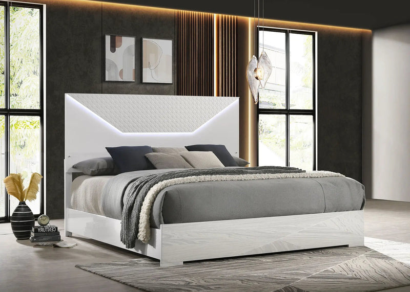 Ives Eastern King Panel Bed LED Headboard White High Gloss by Unique Piece Furniture