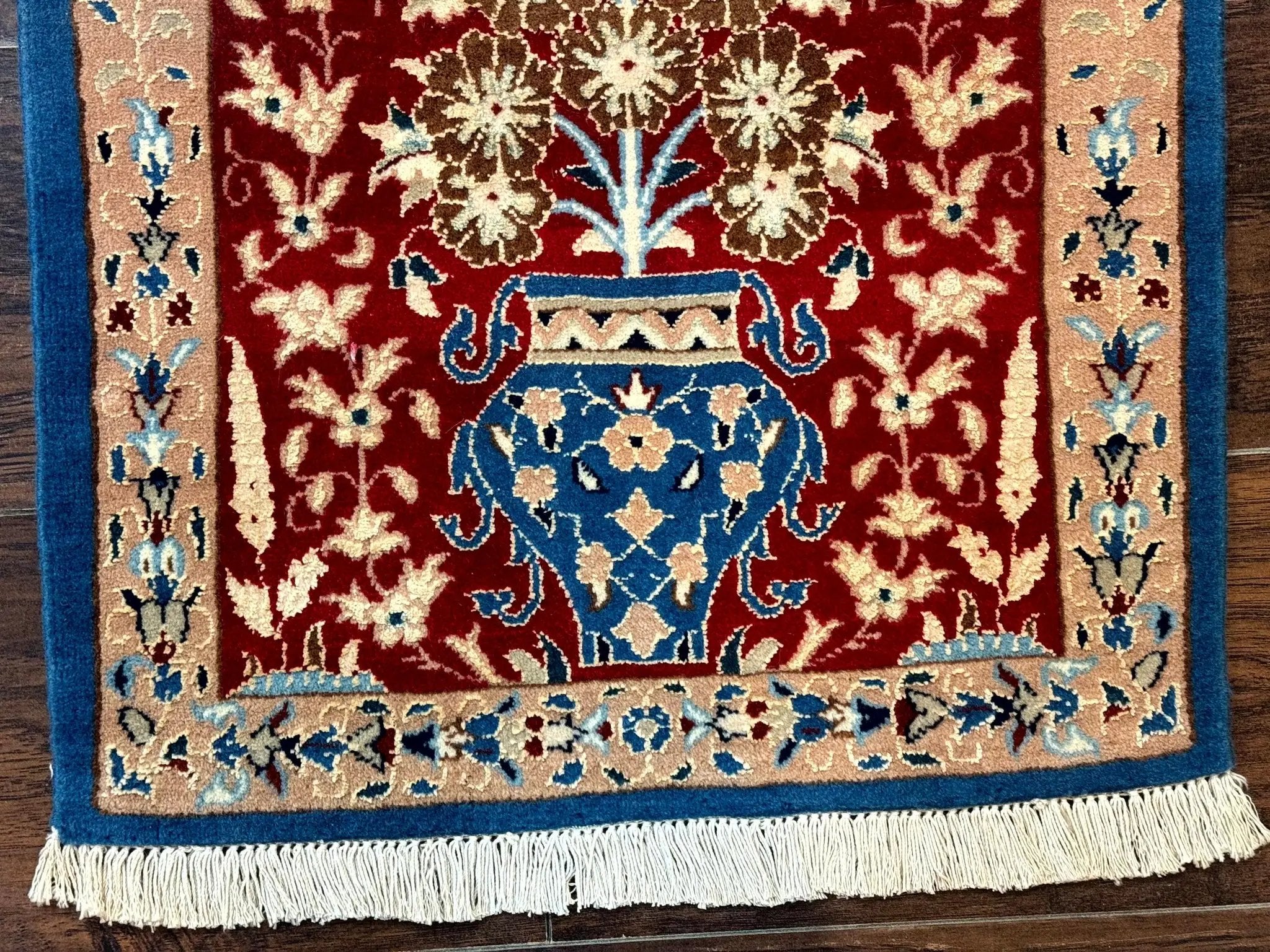Small Persian Nain Rug, Persian Vase Tree of Life Design, Red and Blue, Very Fine 260 KPSI, Wool and Silk Highlights by Jewel Rugs
