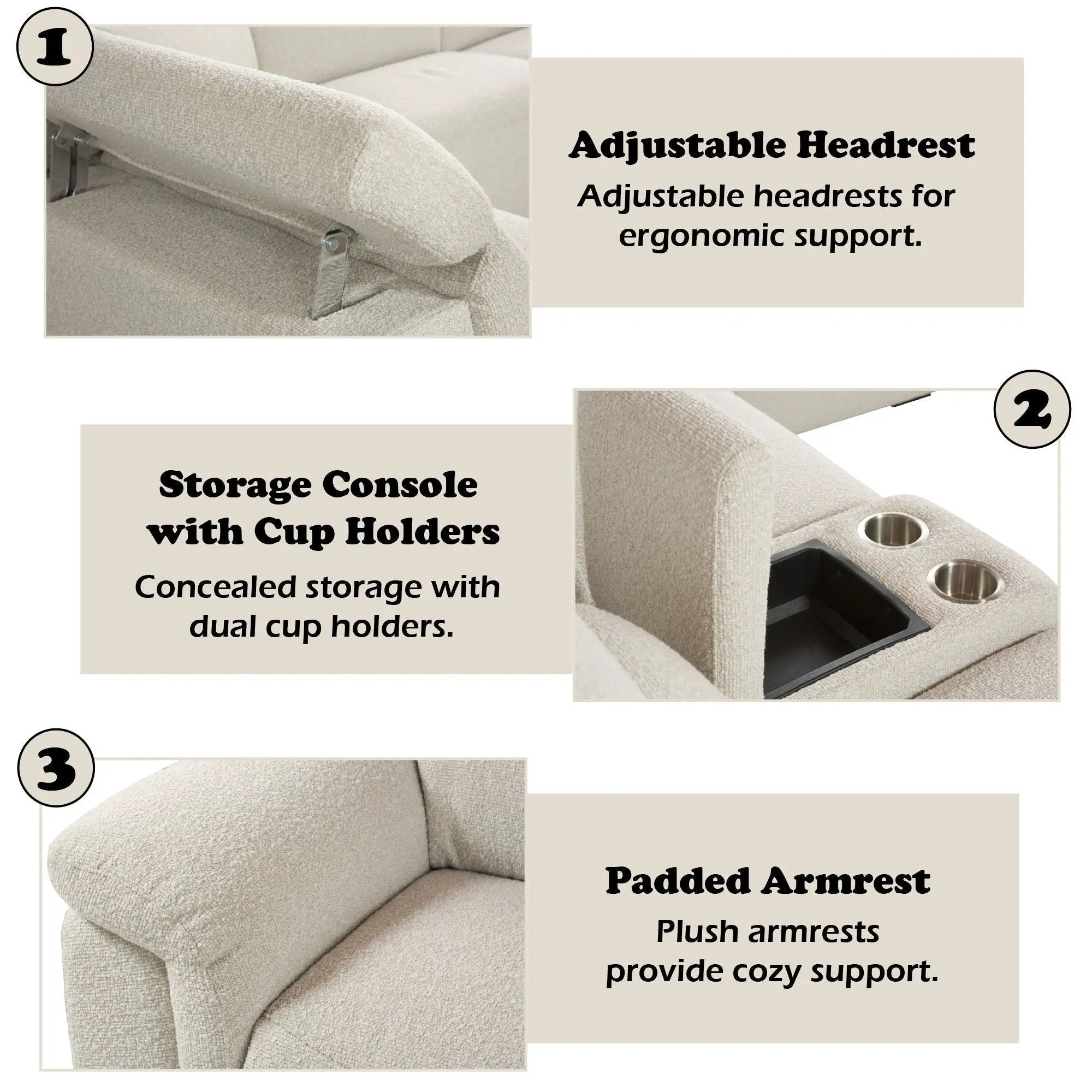 Dayana - Boucle Power Recliner Sectional Sofa For 5 People With Cupholder Console Adjustable Headrest - Beige by Unique Piece Furniture