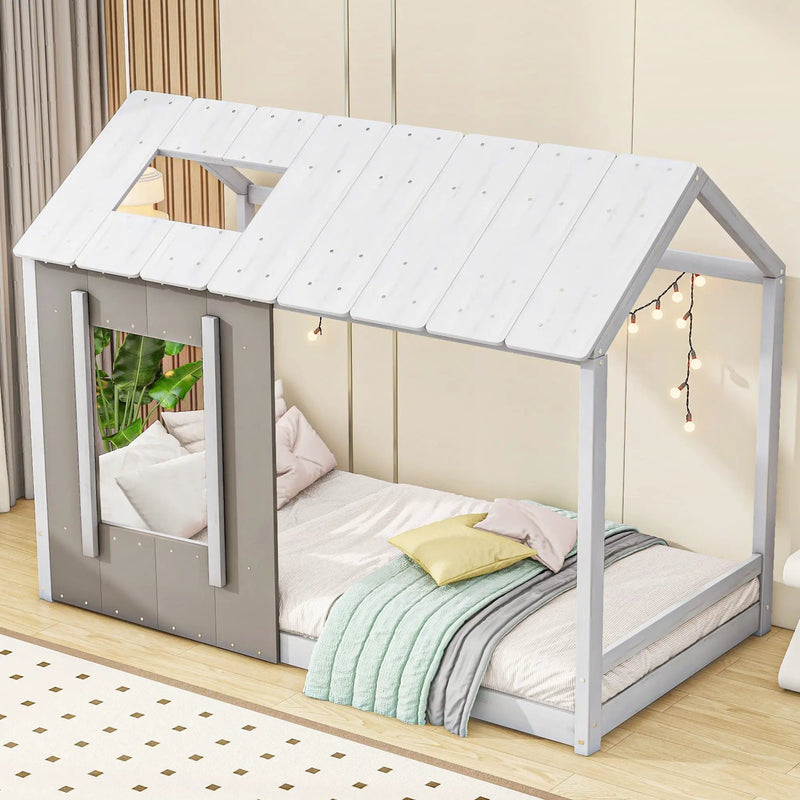 Twin Size House Platform Bed With Roof And Window - Natural / White by Unique Piece Furniture