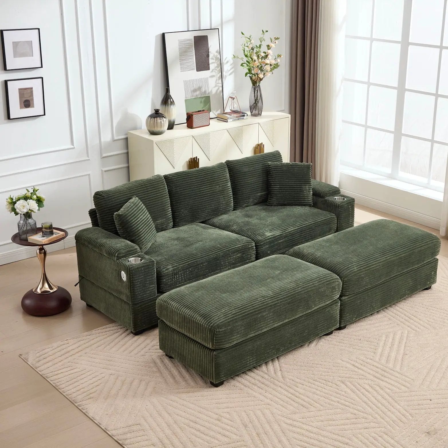 Convertible Sectional Sofa Bed Set With Armrest Storage, Cup Holder, USB, 4 Seater - Green by HouseOfZazla