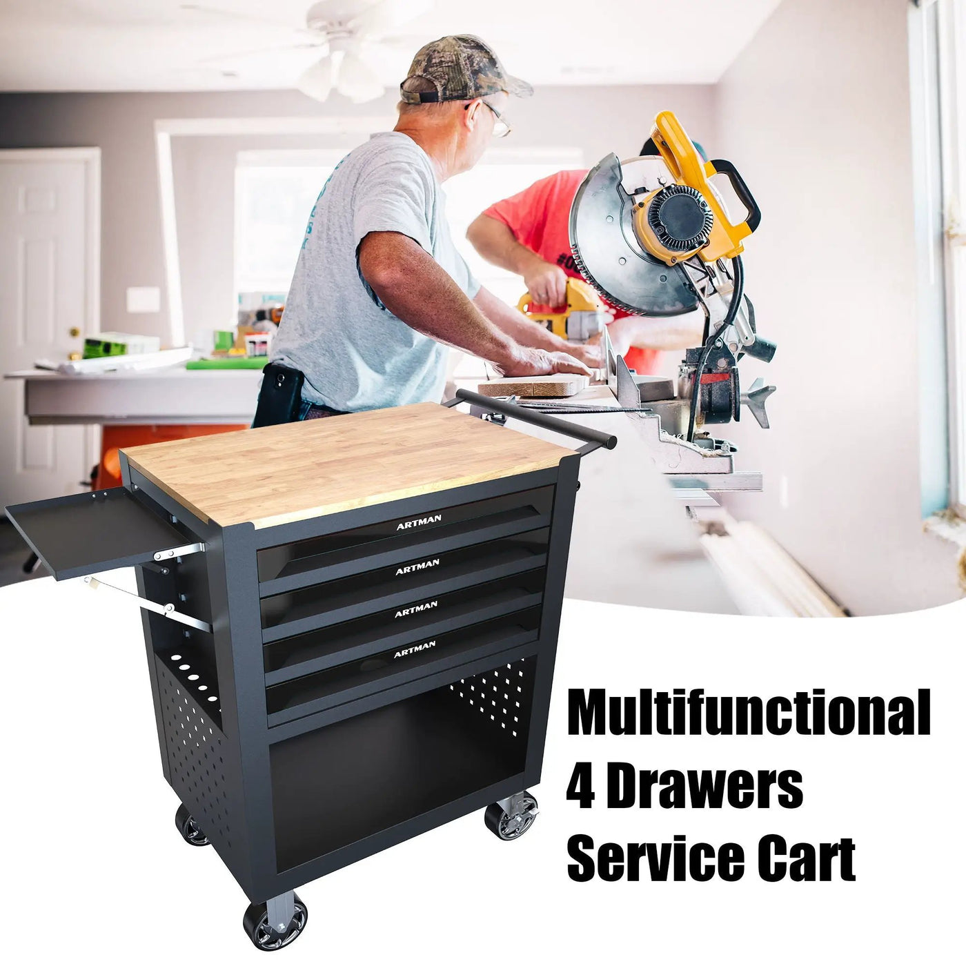4 Drawers Multifunctional Tool Cart With Wheels And Wooden Top by HouseOfZazla