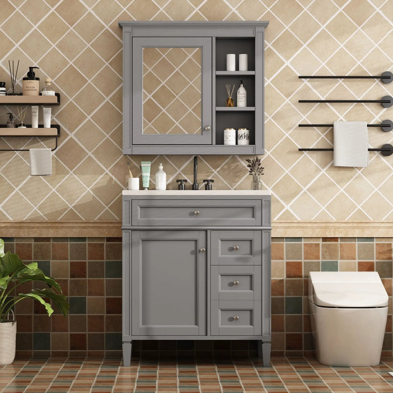 Bathroom Vanity With Top Sink, Freestanding Storage Cabinet With 2 Doors And 3 Drawers, Mirror Cabinet Included - Gray by Unique Piece Furniture