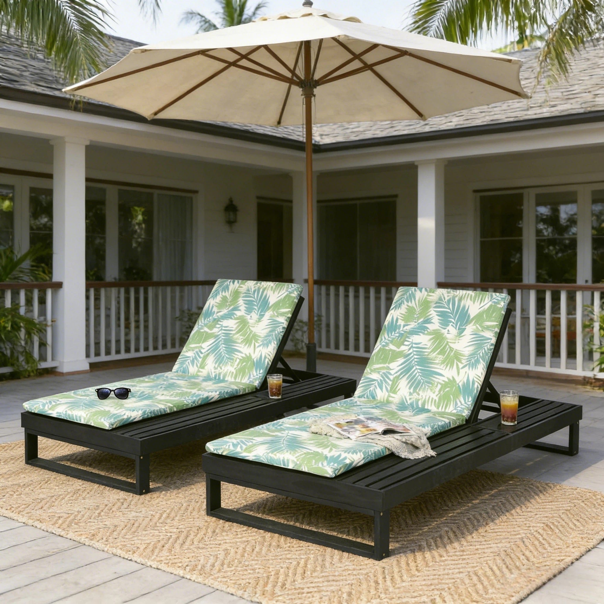 Black Acacia Wood Chaise Lounge with Leaf Coconut Cushion by HouseOfZazla