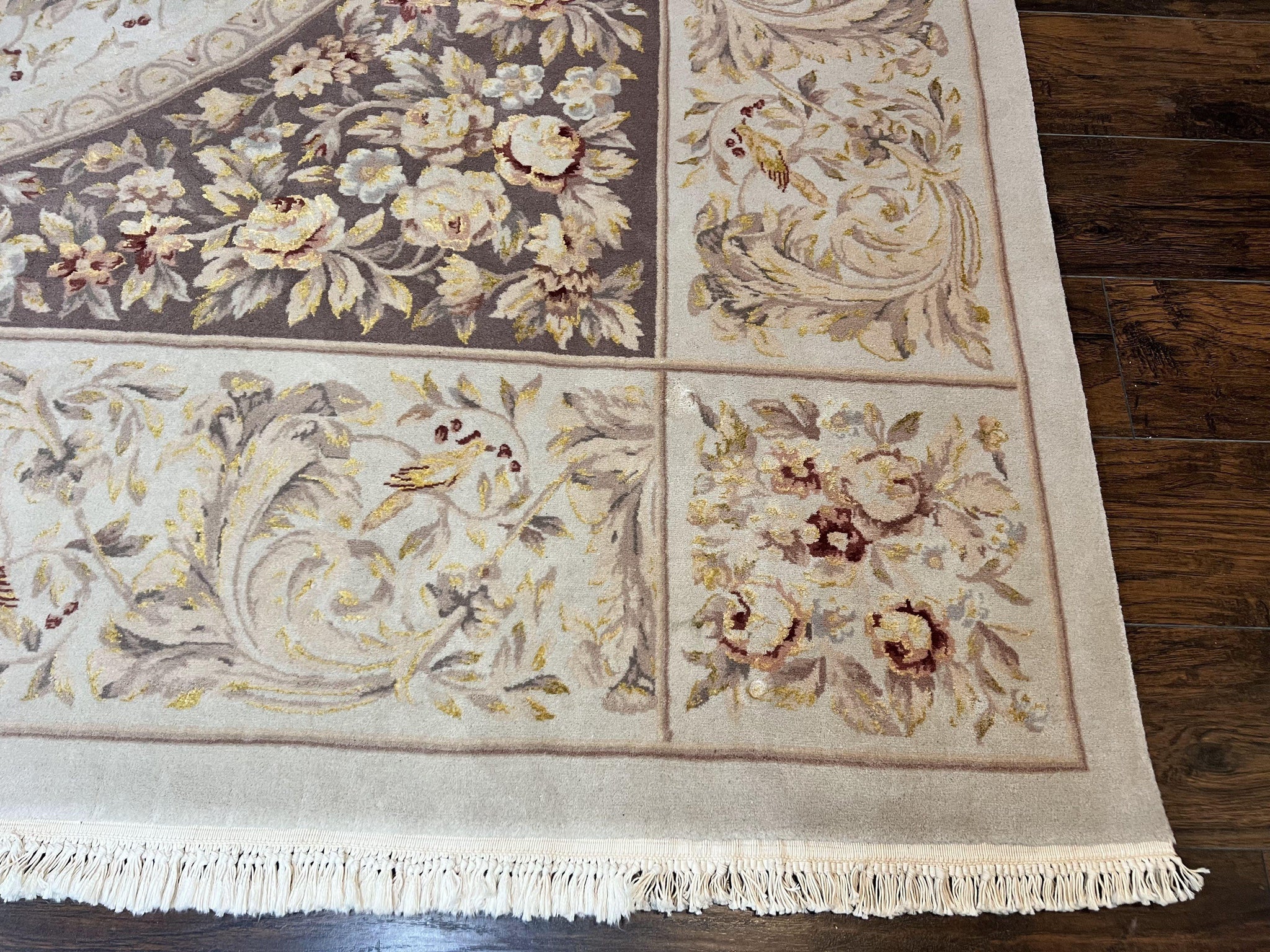 Aubusson Rug 10x14, Wool & Silk Highlights Hand Knotted Vintage Carpet, Birds Flowers, Fine Details, Elegant by Jewel Rugs
