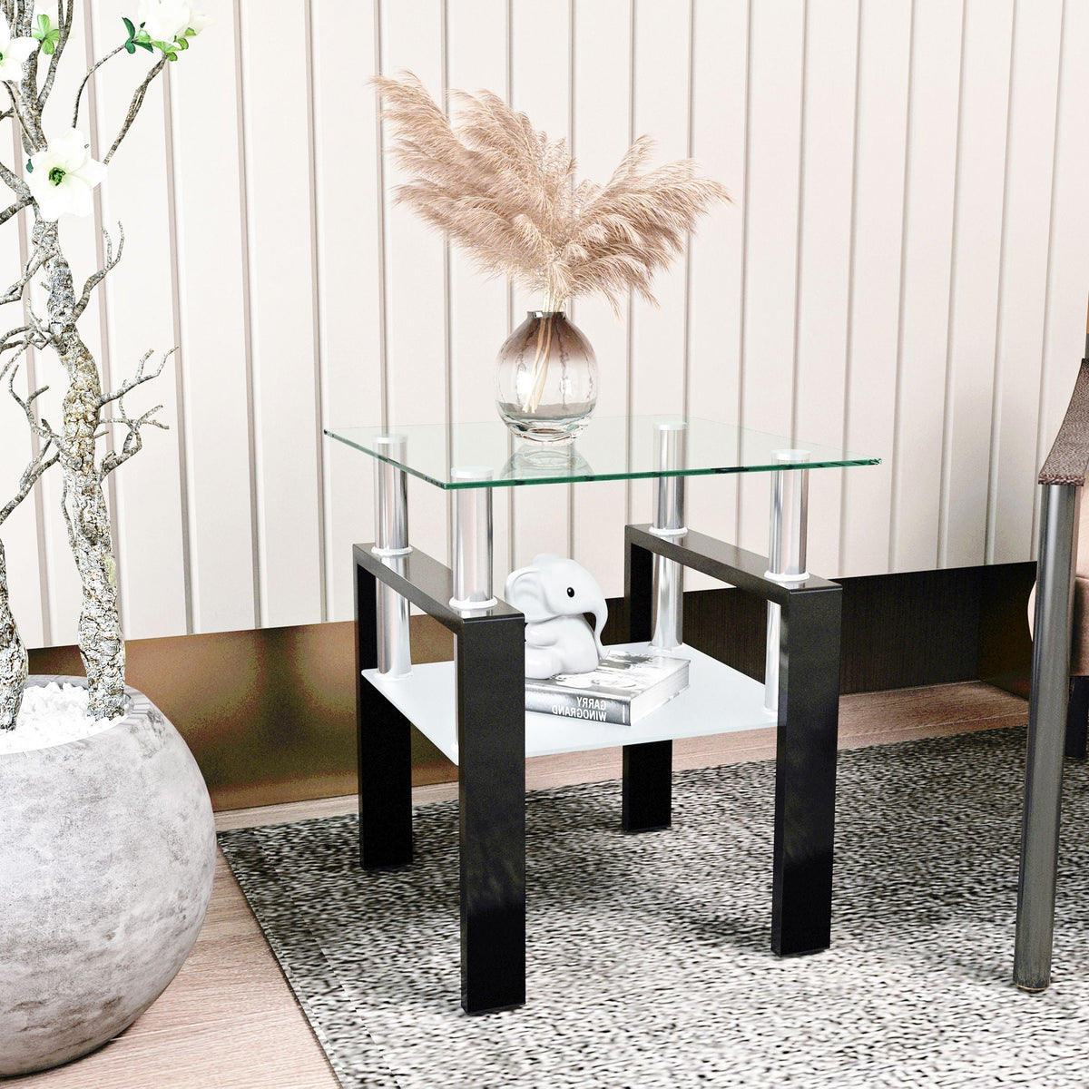 Modern Tempered Glass End Table with Metal Frame - Black or White, photo 11 of 16