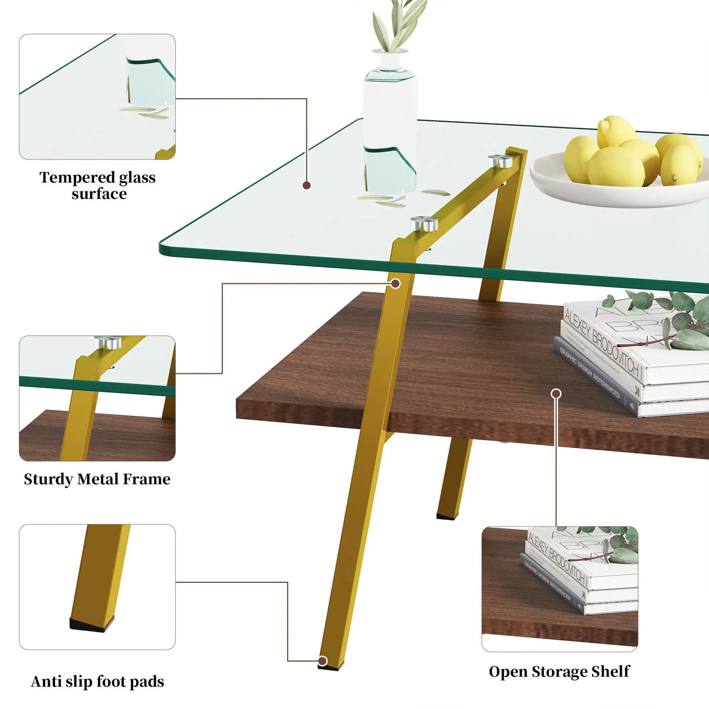 Rectangle Coffee Table, Tempered Glass Tabletop With Metal Legs, Modern Table For Living Room by HouseOfZazla