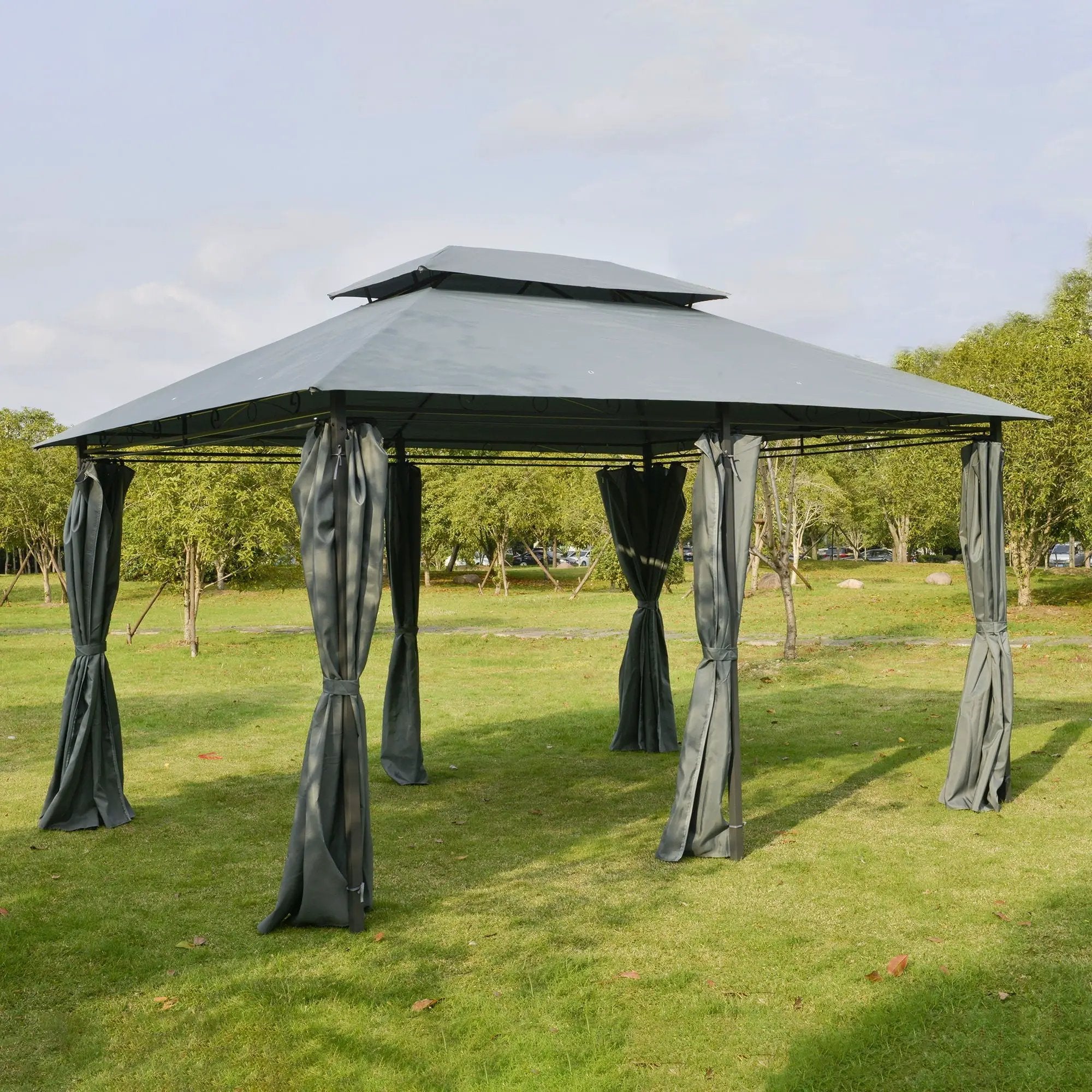Outsunny - Patio Gazebo, Outdoor Gazebo Canopy Shelter With Curtains, Vented Roof, Steel Frame For Garden, Lawn, Backyard And Deck, - Sage Gray by HouseOfZazla