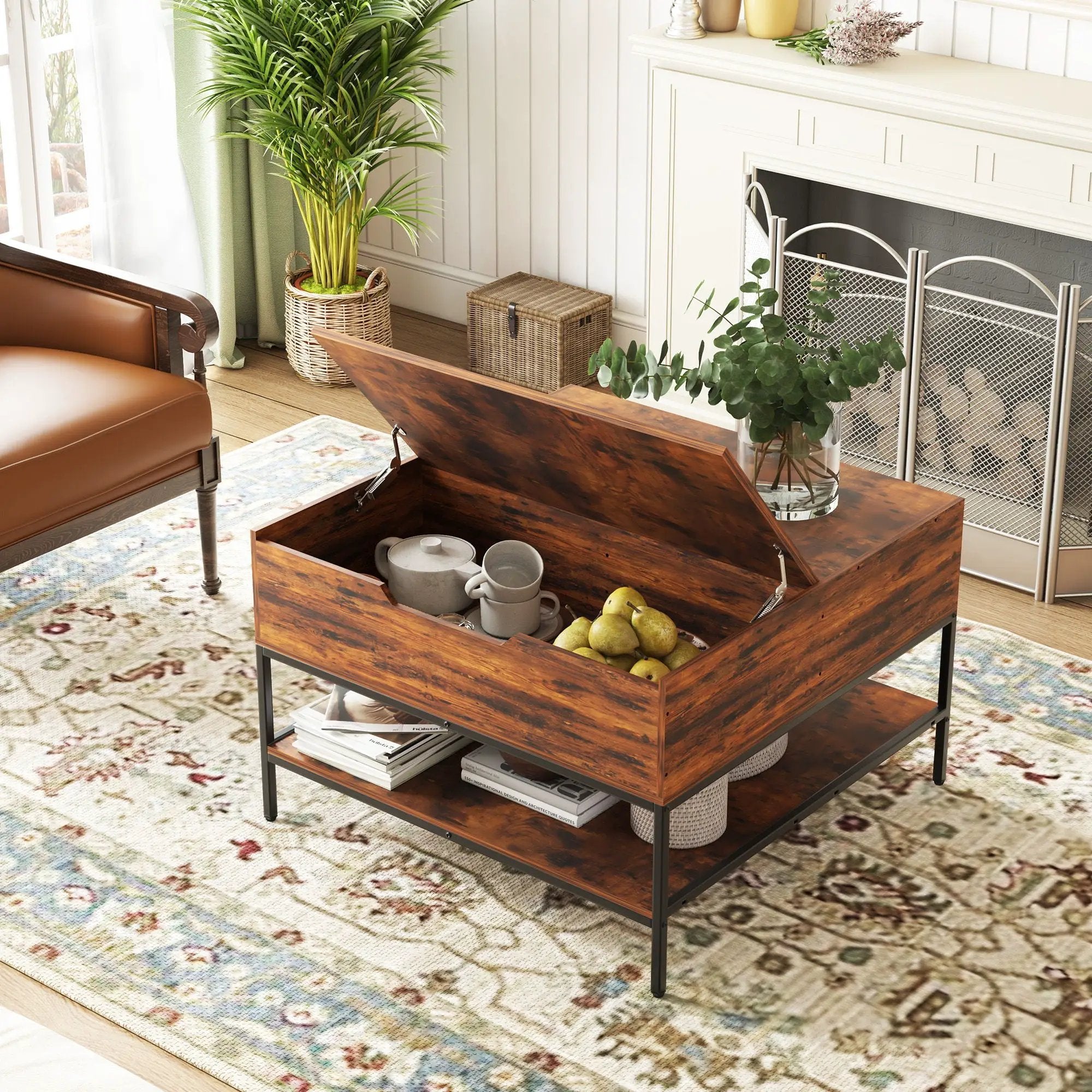 Rustic Flip Top Coffee Table With Hidden Storage - Black / Brown by HouseOfZazla