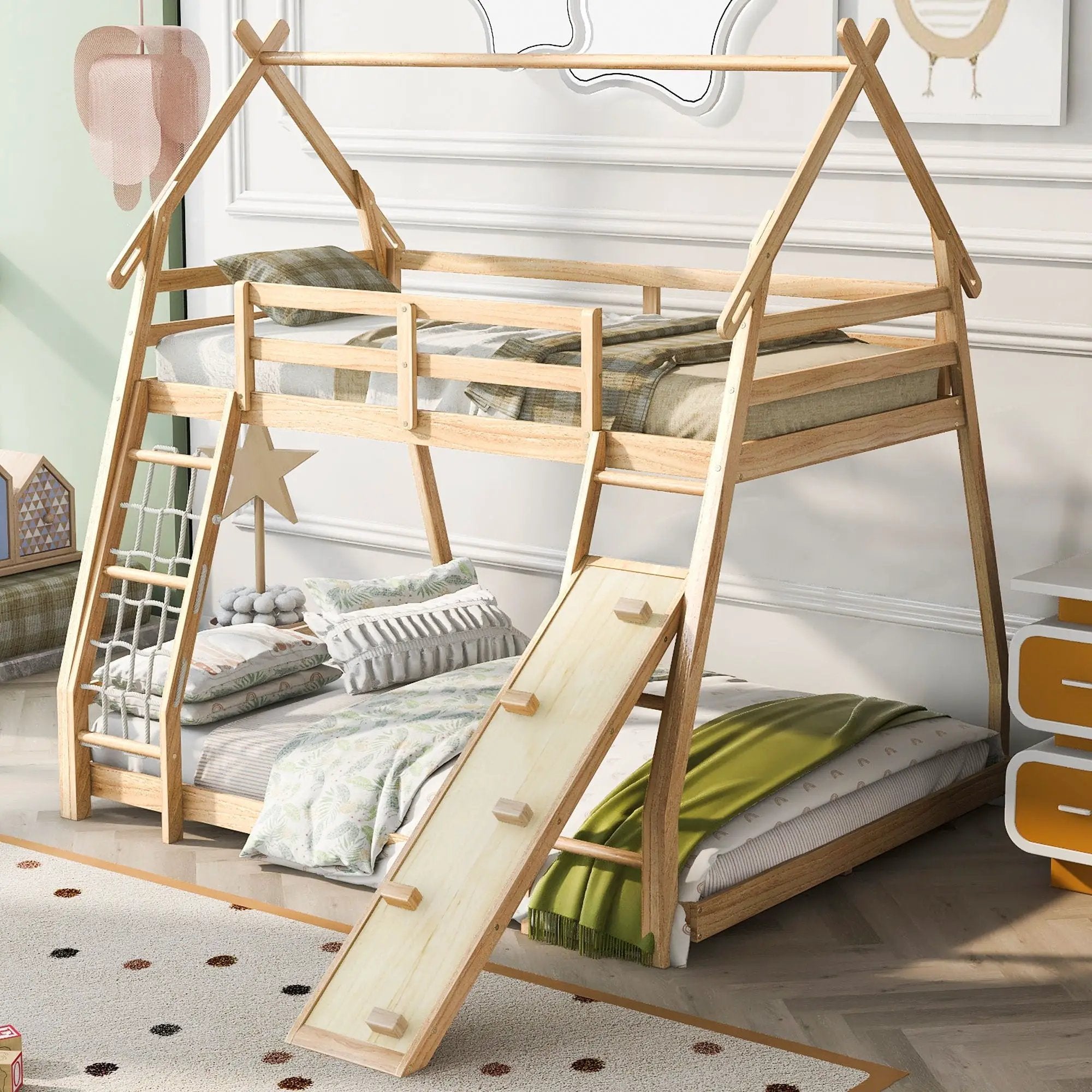 Twin Over Queen House Bunk Bed With Climbing Nets And Climbing Ramp by Unique Piece Furniture