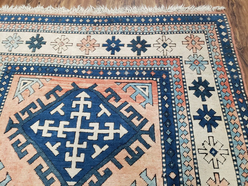 Turkish Kazak Rug 5x8 ft, Bold Geometric Bohemian Carpet, Blue and Ivory Hand Knotted Area Rug, Medium Sized High Quality Wool Oriental Rug by Jewel Rugs