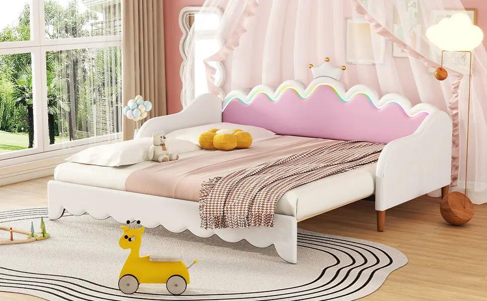Extending Daybed With LED Lights, Modern Upholstered Princess Daybed With Crown Headboard by HouseOfZazla