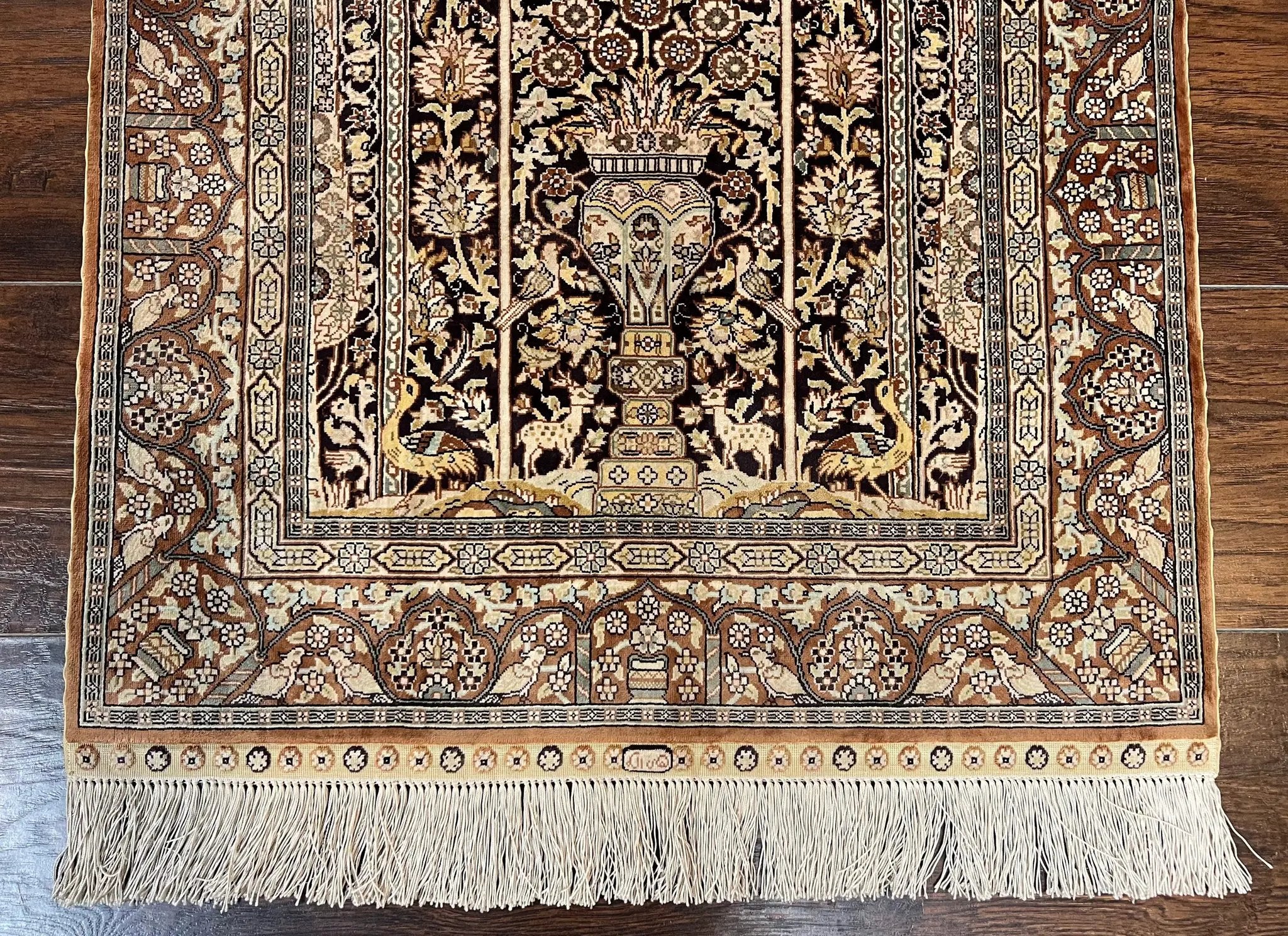 Turkish Silk Hereke Rug 2x3, Floral Vase Tree of Life Birds, Silk Pile on Silk Foundation, Vintage Oriental Carpet, Very Fine, Signature by Jewel Rugs