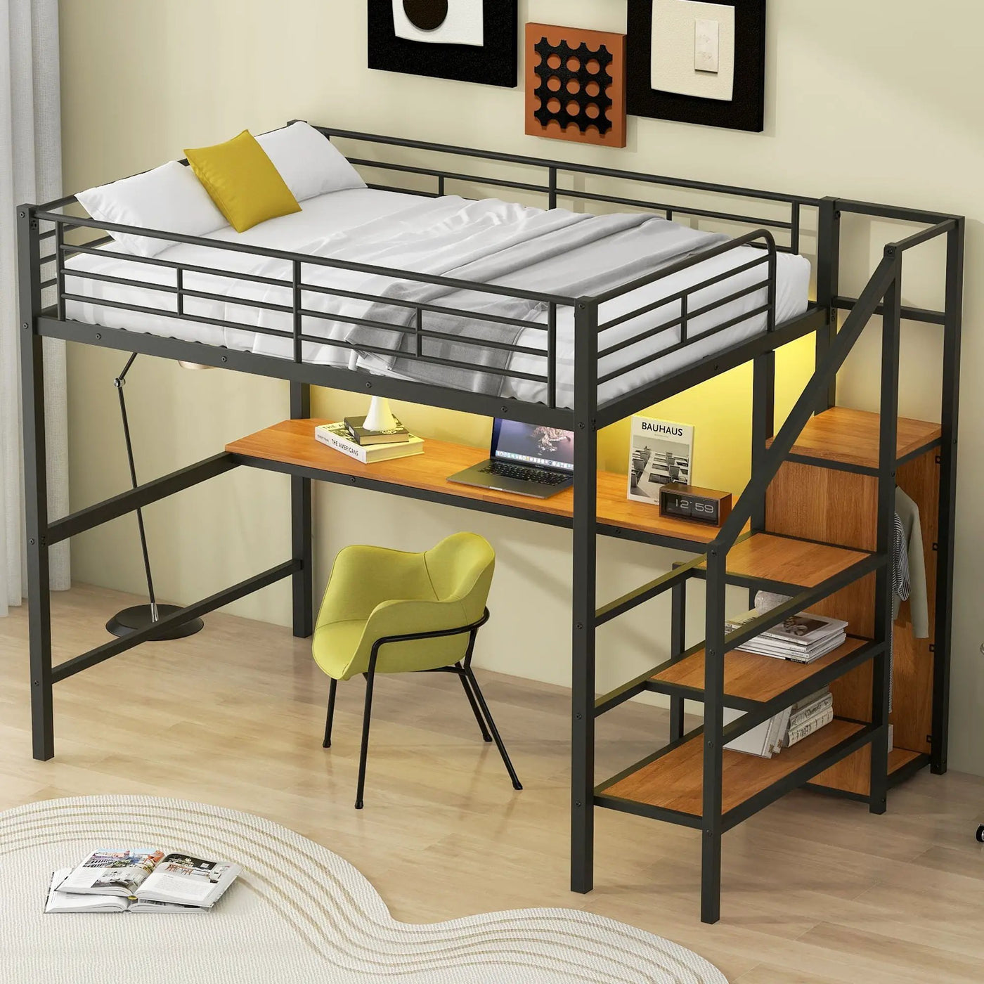Loft Bed With Desk, Storage Staircase, Small Wardrobe And LED Light by HouseOfZazla