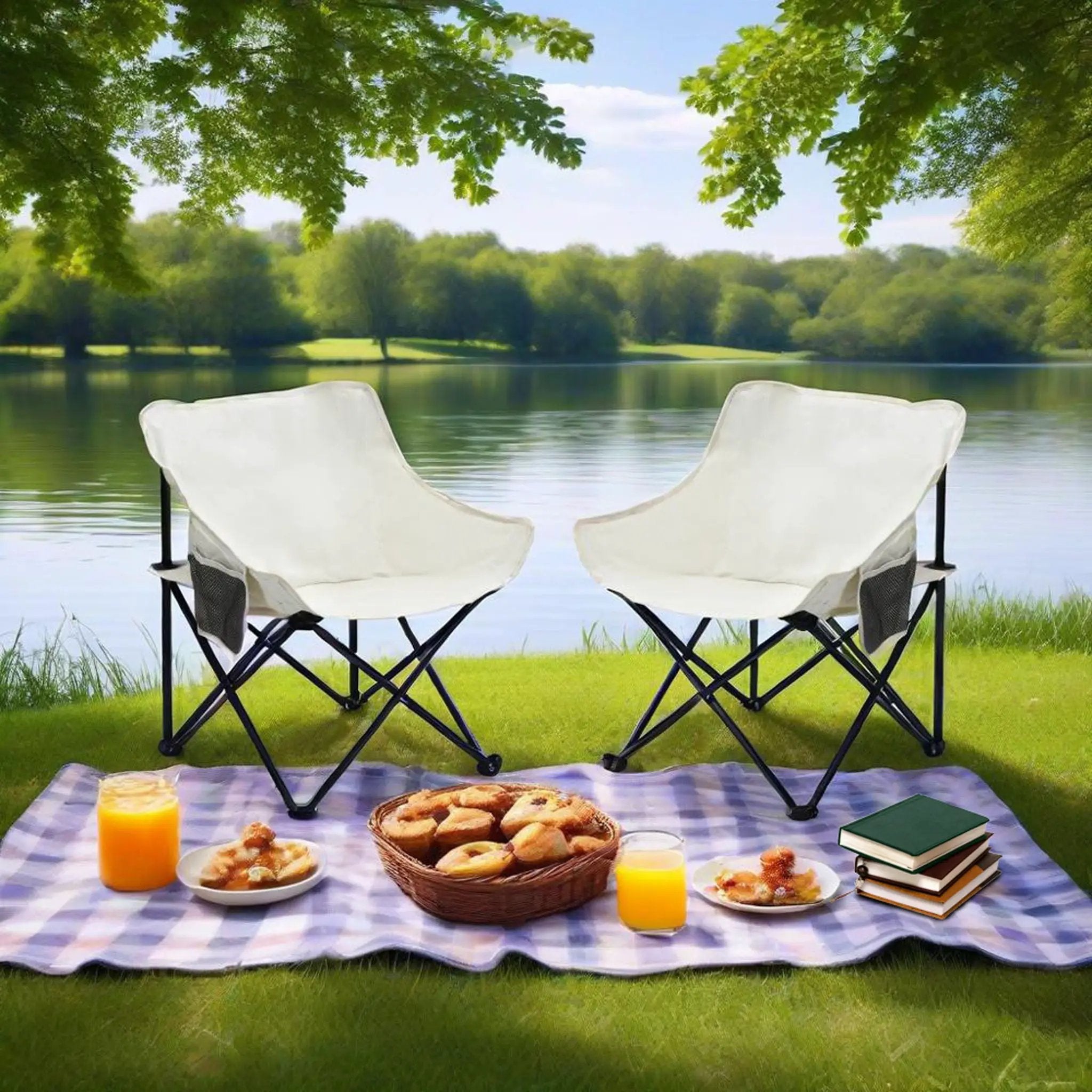 2 Pieces Outdoor Camping Chairs Folding / Portable, Comfortable Seating, Durable Steel Fram by Unique Piece Furniture