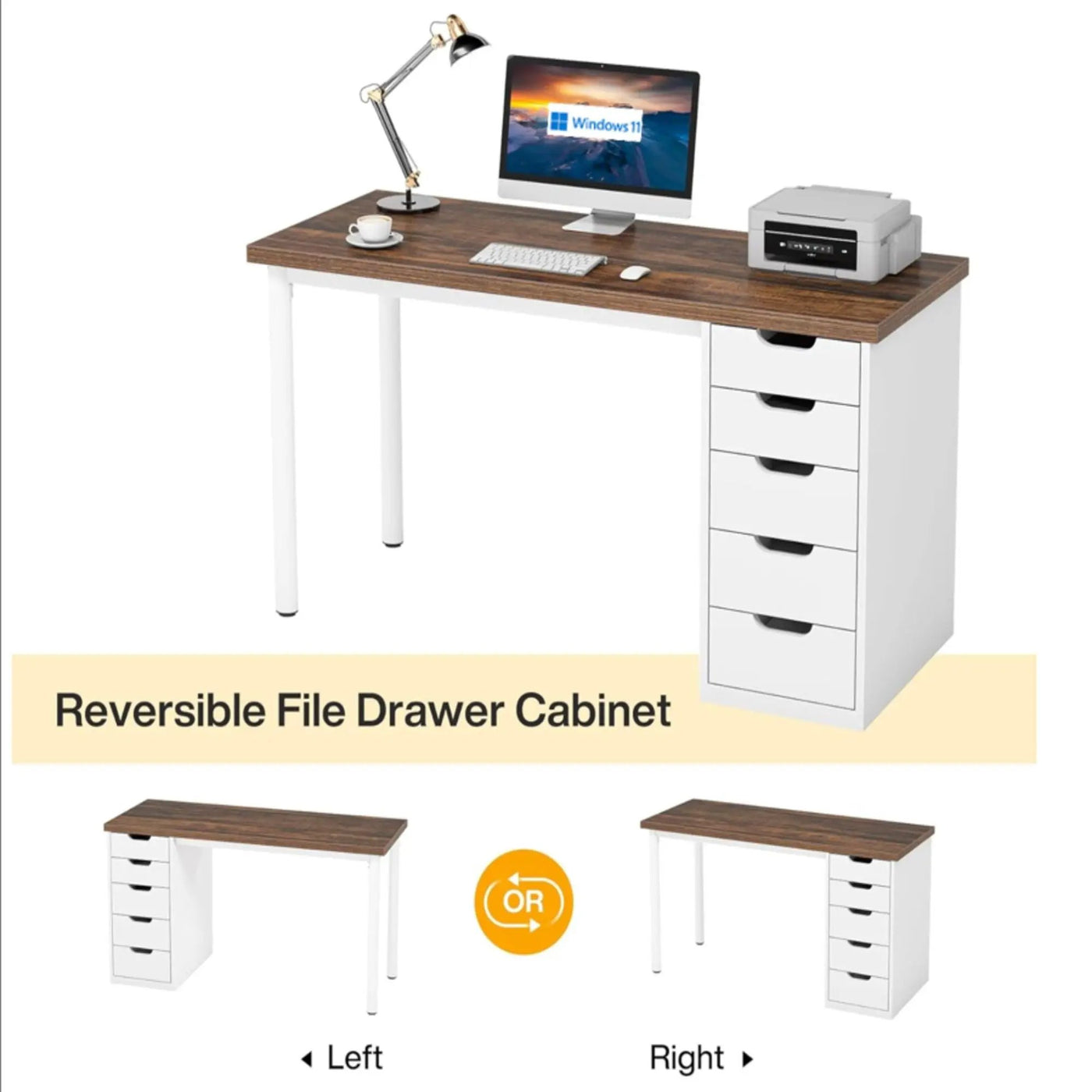 Computer Desk With 5 Drawers, Reversible Cabinet Design by HouseOfZazla
