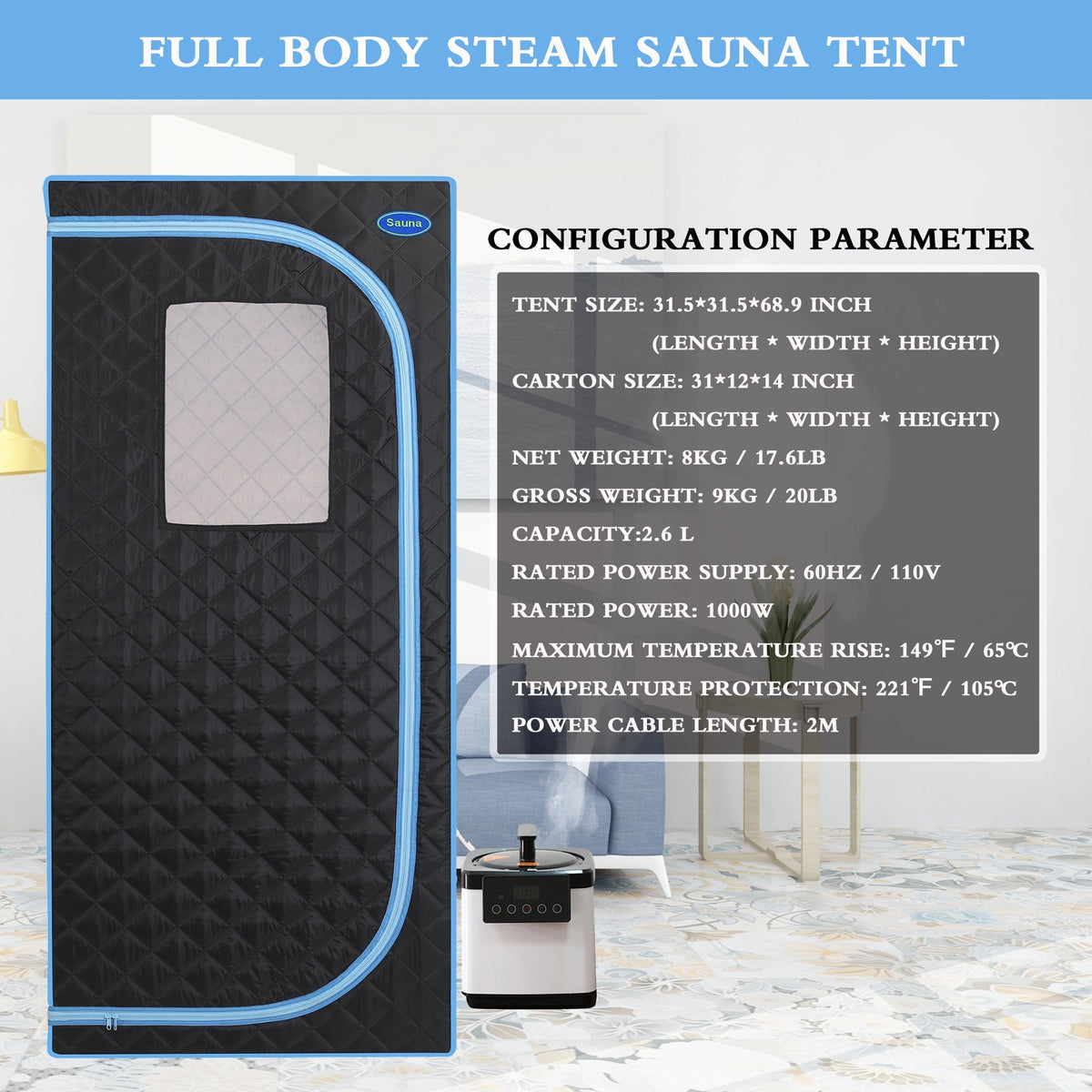 Full Size Portable Steam Sauna Tent with Stainless Steel Frame - Black, photo 8 of 17