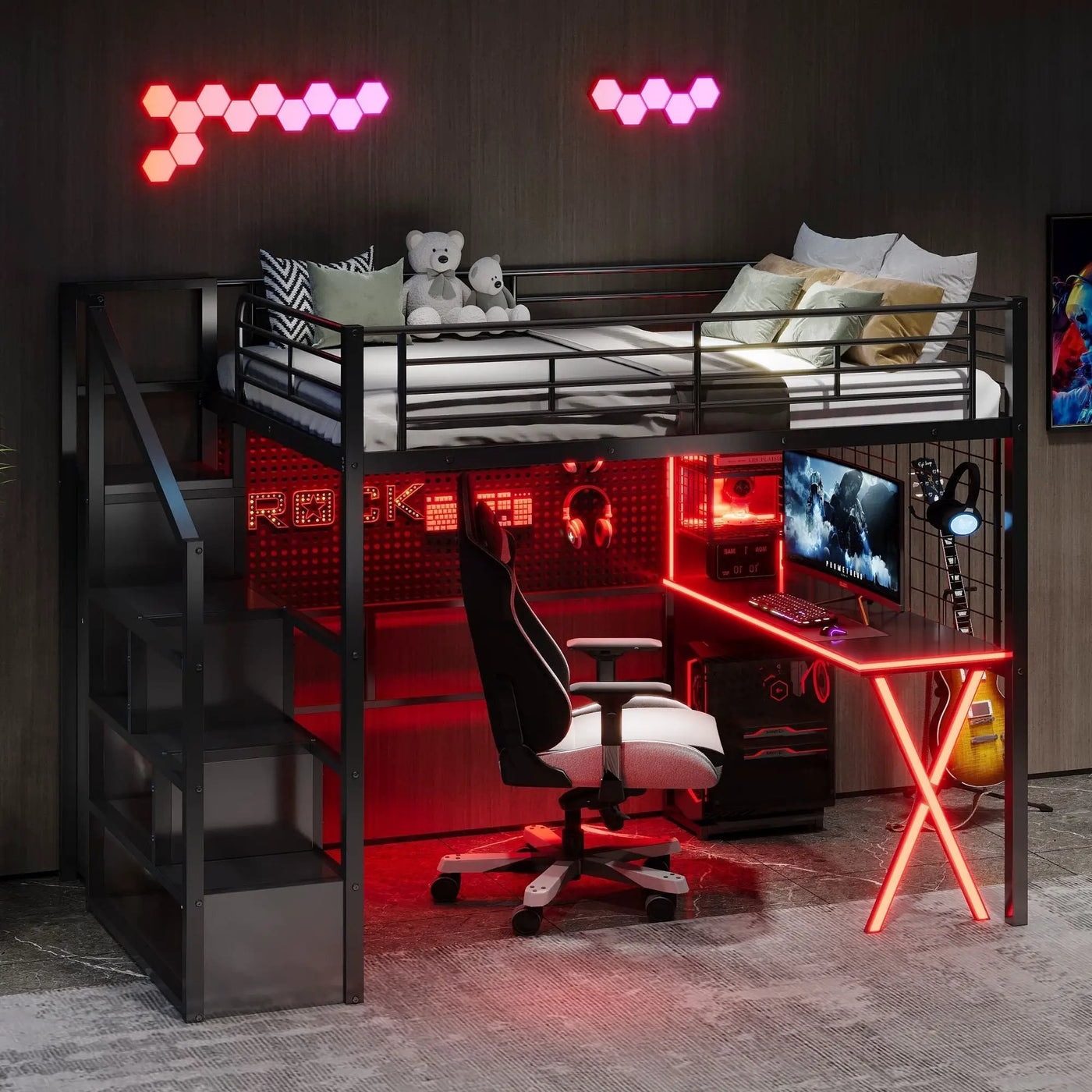 Loft Bed With Built In Work Station, Wardrobe, Storage Staircase And LED by HouseOfZazla