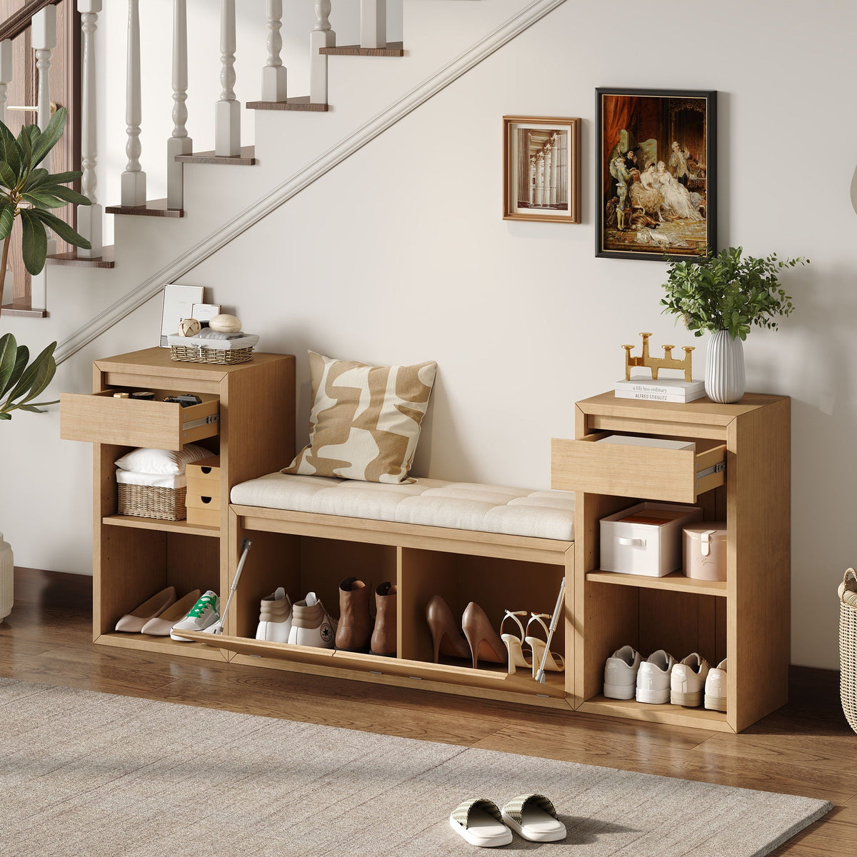 Entryway Storage Bench With Cushion, Drawers & Open Shelves, photo 17 of 25