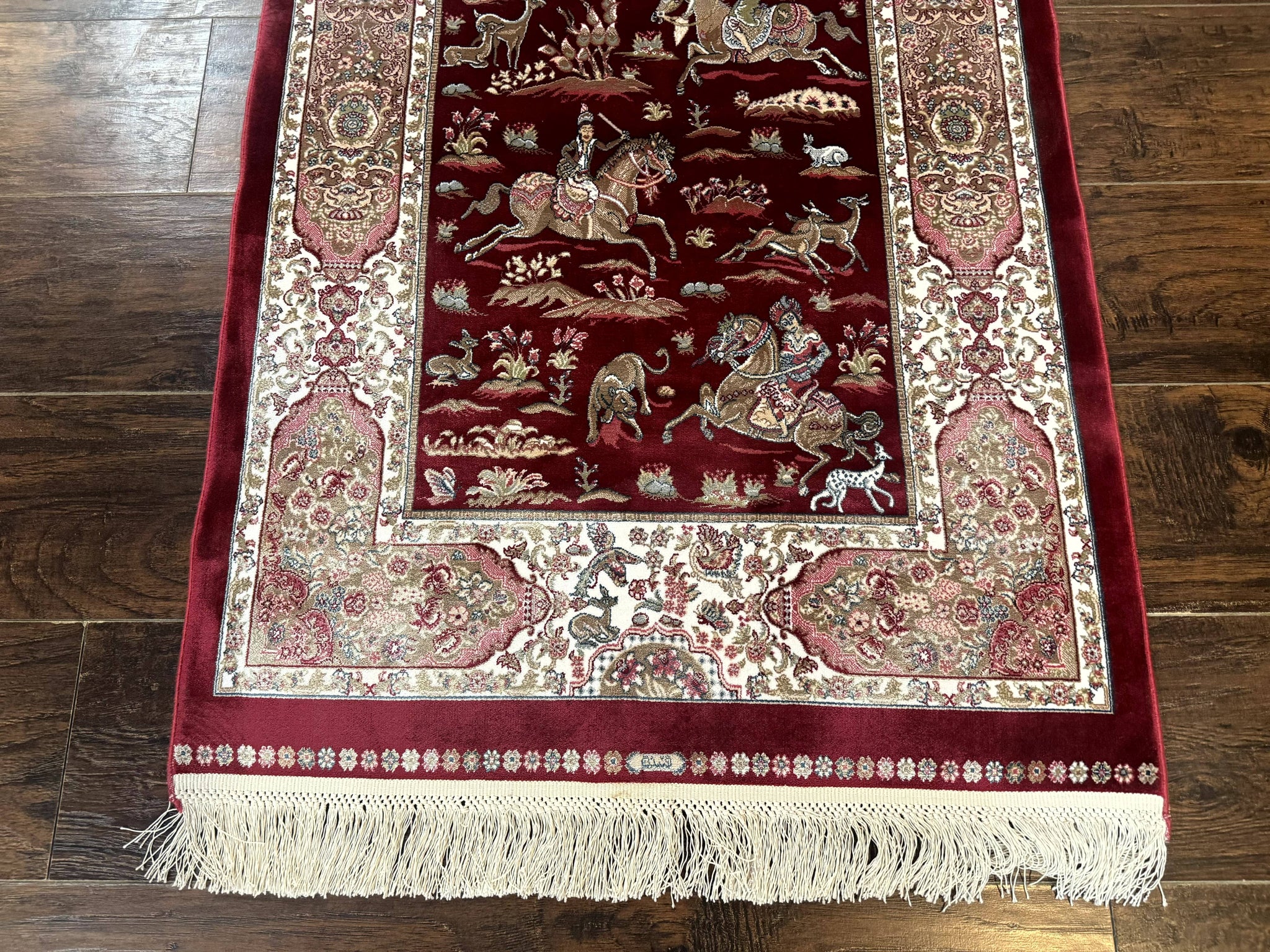 Dark Red Turkish Silk Rug 2.6 x 4, Hunting Design Scene, Bamboo Silk by Jewel Rugs