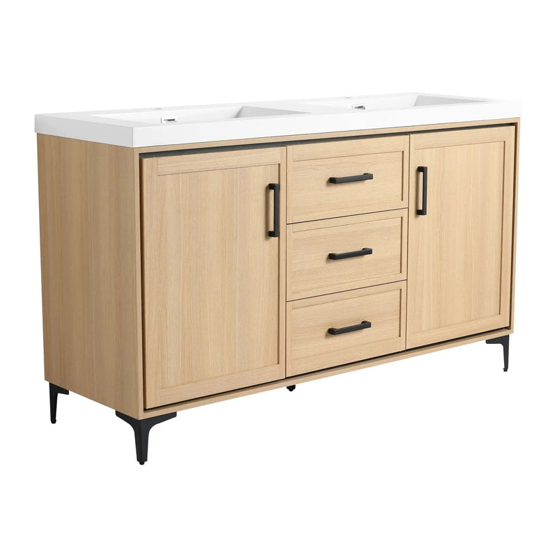 Original 60" Freestanding Bathroom Vanity With Double Resin Sink Plywood Soft Closing Doors & Drawers - Oak by Unique Piece Furniture