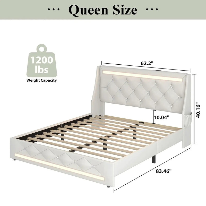 Wingback Upholstered Bed Frame With LED Lights, Charging Station by HouseOfZazla