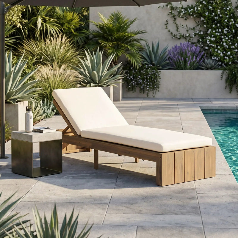 Adjustable Outdoor Chaise Lounge Patio Recliner - Beige / Light Teak by HouseOfZazla