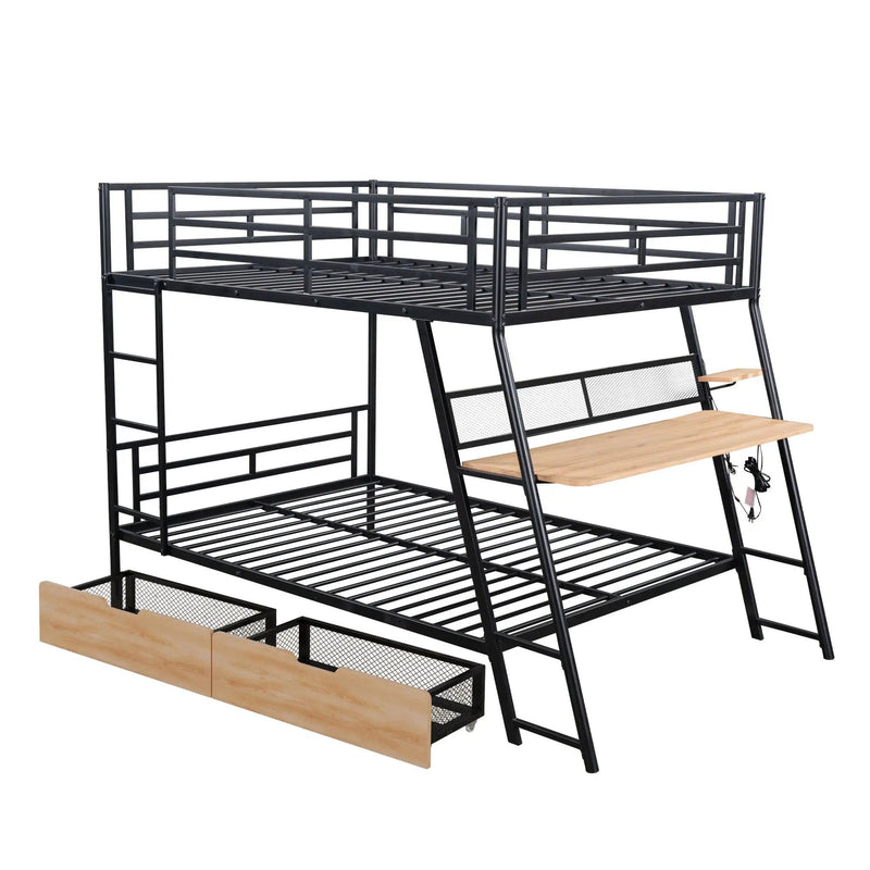 Full Size Bunk Bed With Built In Desk, Light, And 2 Drawers - Black by HouseOfZazla