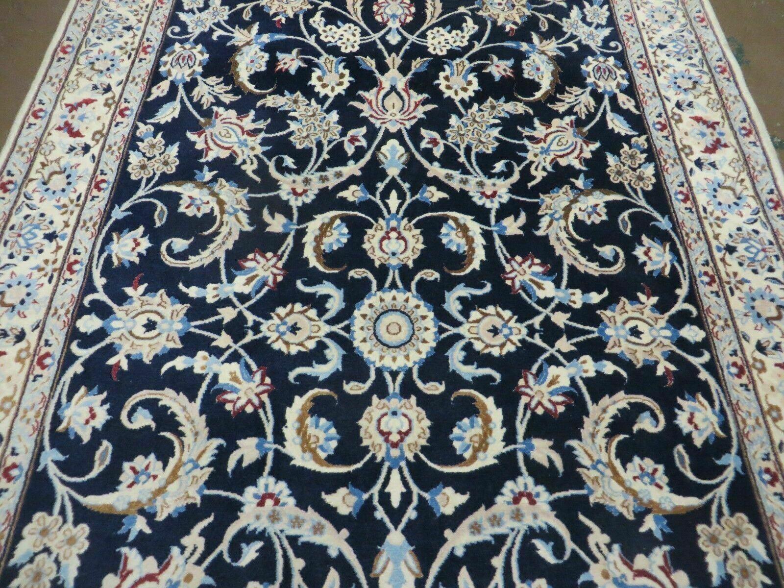 Persian Nain Rug 4x7, Navy Blue and Ivory, Handmade, Wool & Silk Highlights, Fine Oriental Rug, Vintage by Jewel Rugs