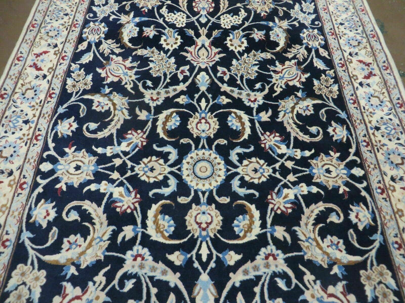 Persian Nain Rug 4x7, Navy Blue and Ivory, Handmade, Wool & Silk Highlights, Fine Oriental Rug, Vintage by Jewel Rugs