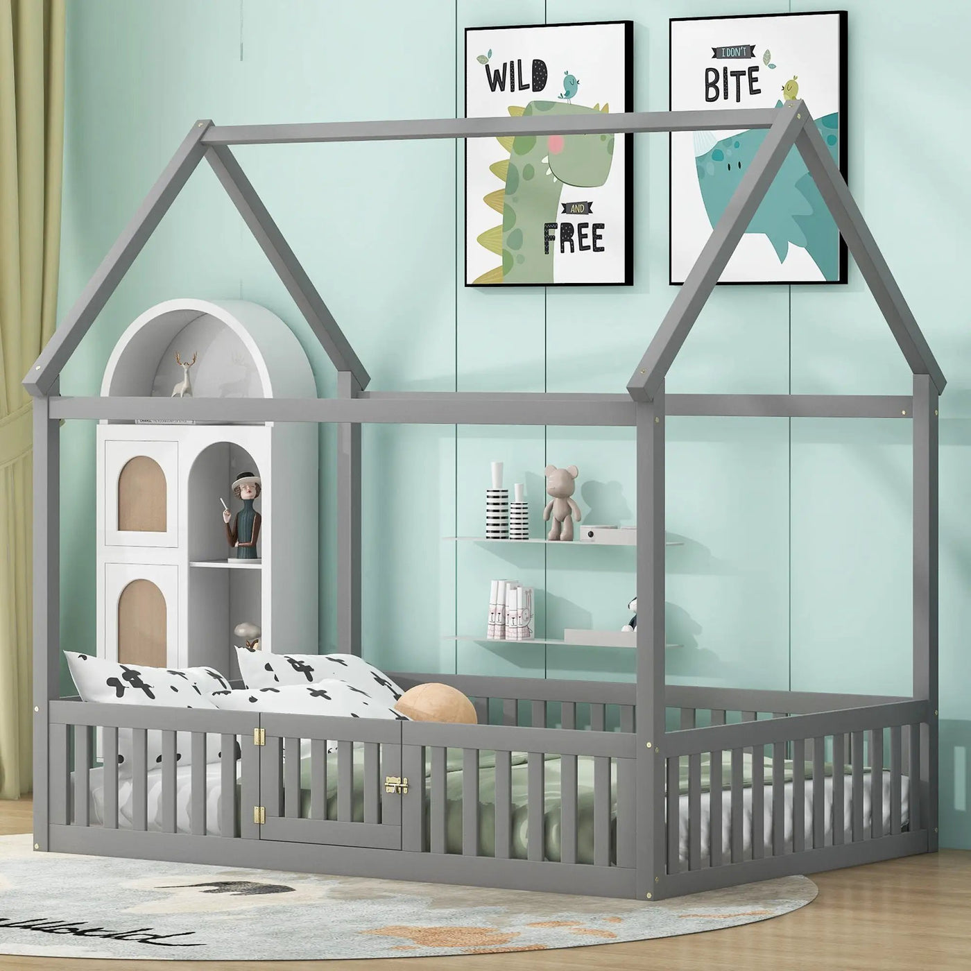 Wood House Bed With Fence And Door by HouseOfZazla