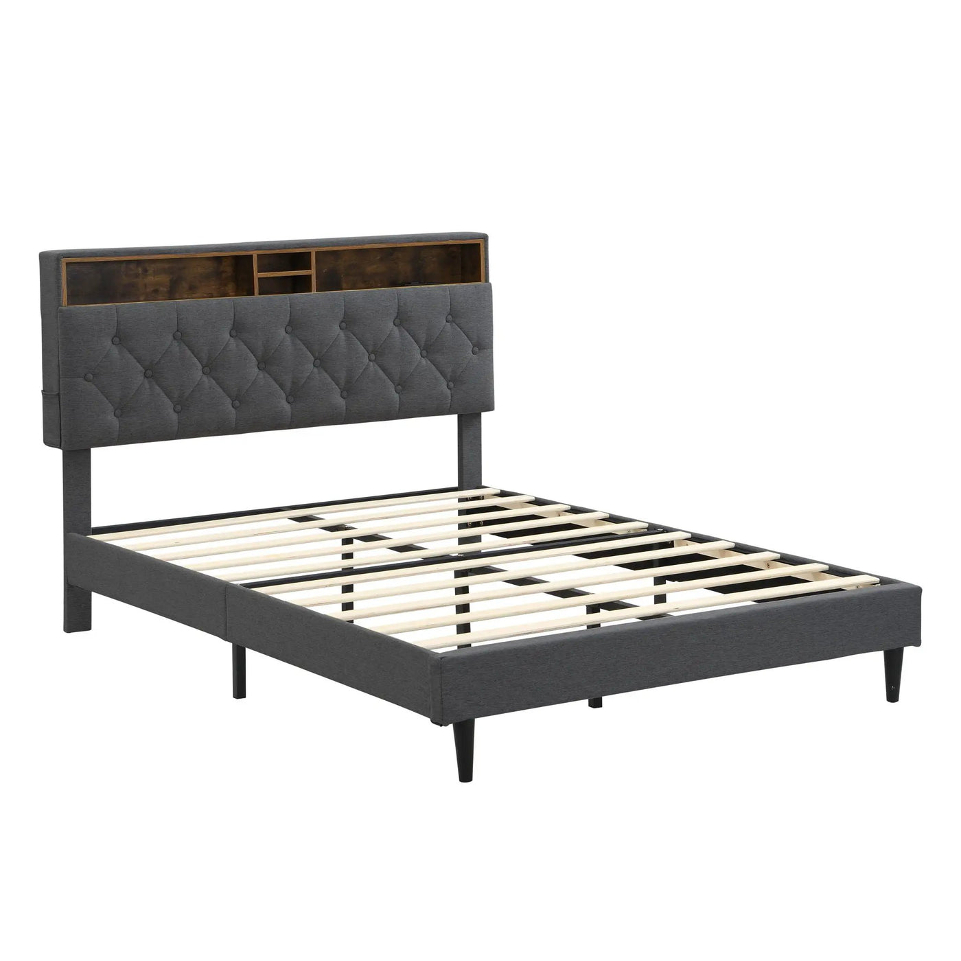 Modern Upholstered Platform Bed Frame With Button Tufted Headboard And USB Ports by HouseOfZazla