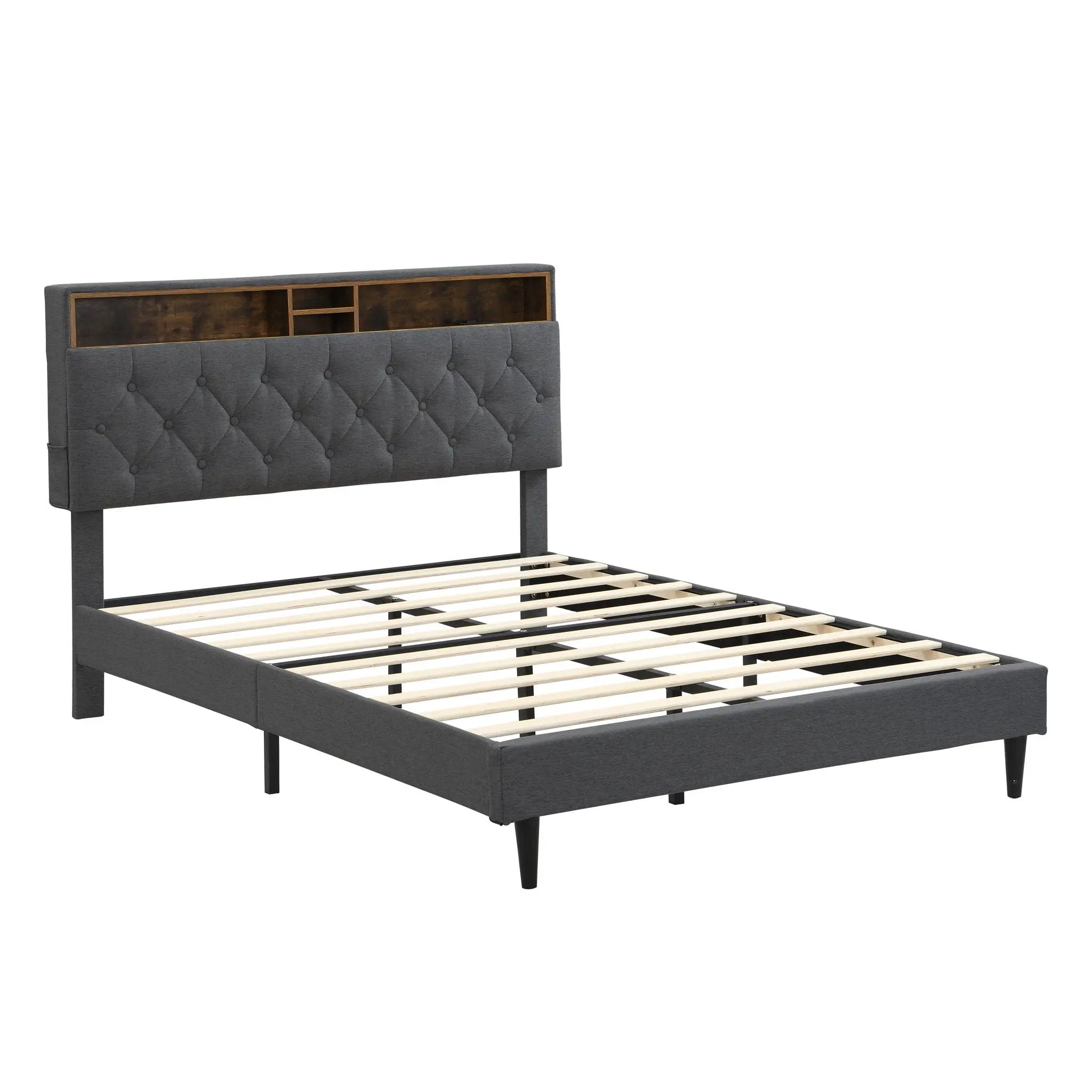 Modern Upholstered Platform Bed Frame With Button Tufted Headboard And USB Ports by Unique Piece Furniture