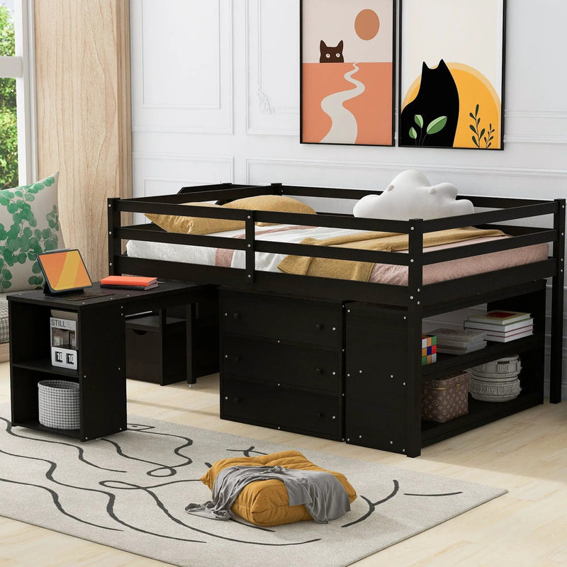 Loft Bed With Retractable Writing Desk And 3 Drawers With Storage Stairs And Shelves by HouseOfZazla