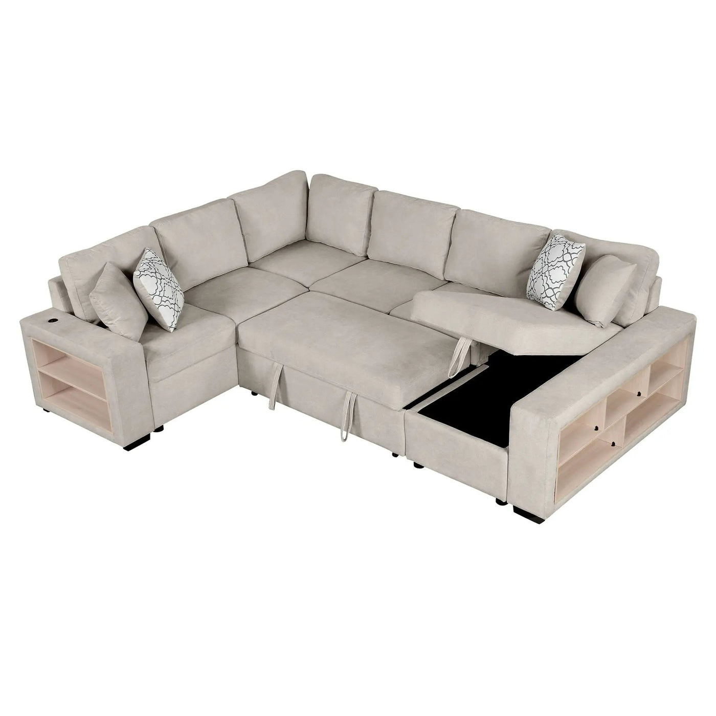 U-Shaped Sectional Sofa Pull-Out Sofa Bed With Two USB Ports, A Storage Chaise Lounge And Four Back Pillows For Living Room by HouseOfZazla