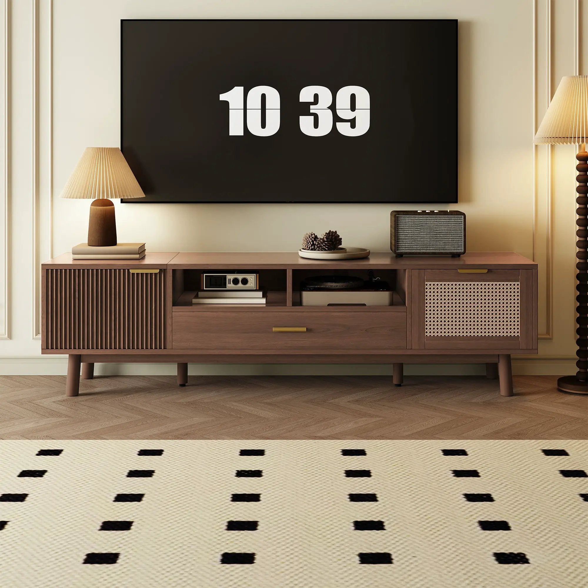 TV Stand For 75" TVs With Soft Closing Doors, Console With Accents And Drop Down Cabinet - Dark Brown by Unique Piece Furniture