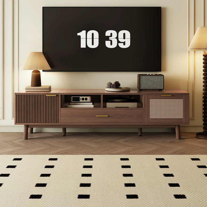 TV Stand For 75" TVs With Soft Closing Doors, Console With Accents And Drop Down Cabinet - Dark Brown by Unique Piece Furniture