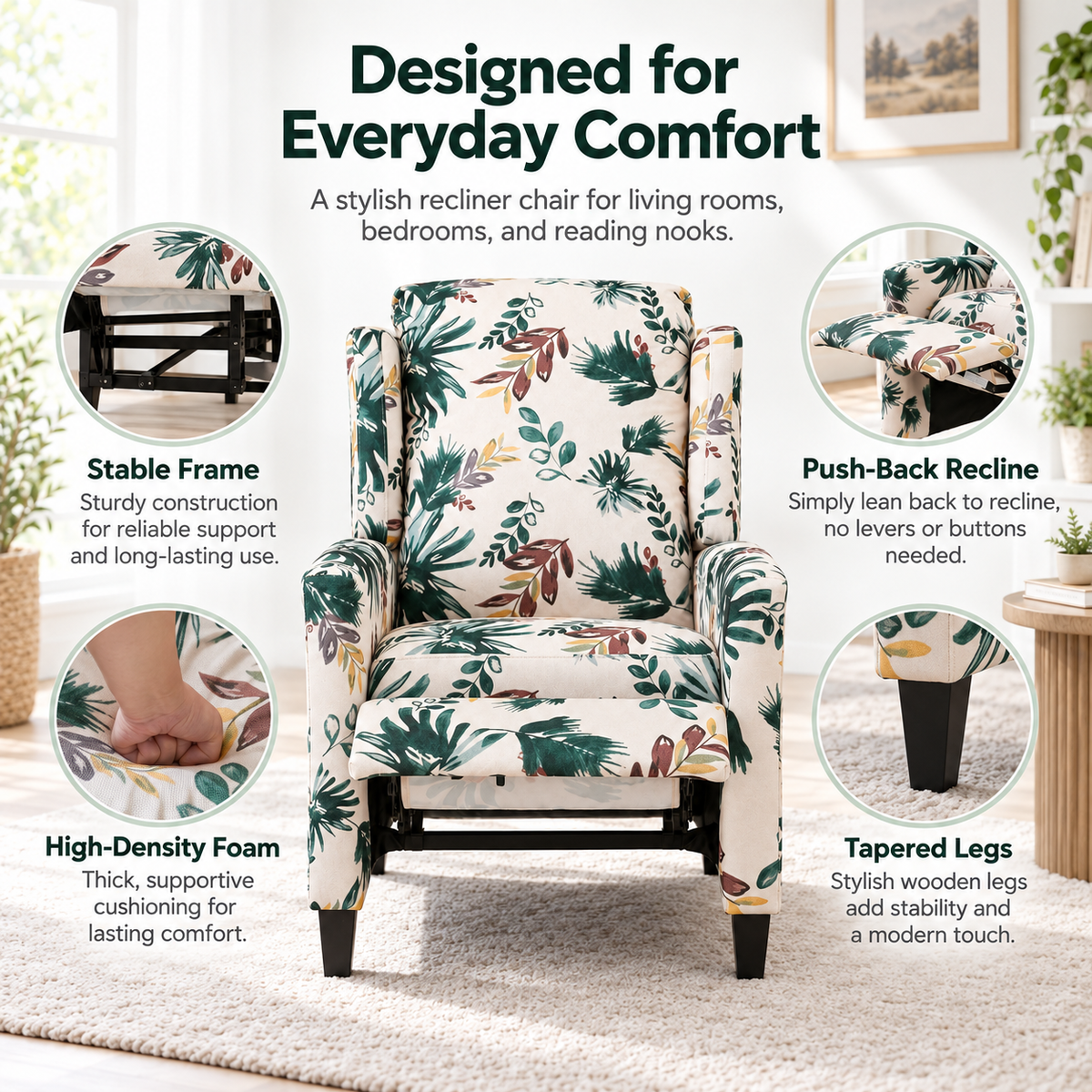 Floral Print Recliner Chair with Padded Arms - Multicolor, photo 4 of 9