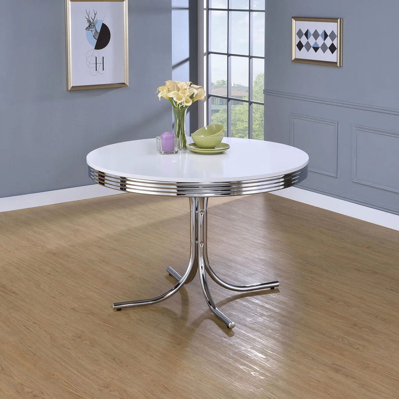 Retro Round 42-inch Wood Top Dining Table White and Chrome by Unique Piece Furniture