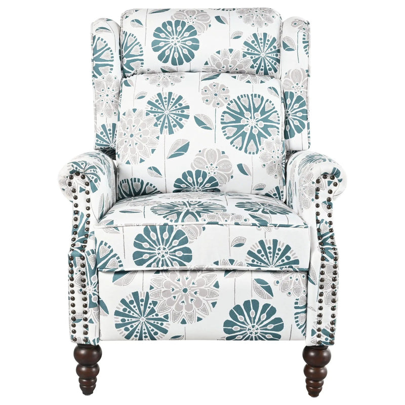 Push Back Recliner Chair Upholstered With Classic Wing Back And Solid Gourd-Shaped Legs