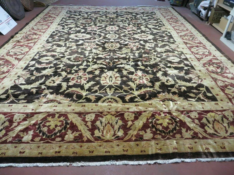 11' X 15' Vintage Hand Knotted Indian Agra Wool Rug Hand Made Dark Brown Floral by Jewel Rugs