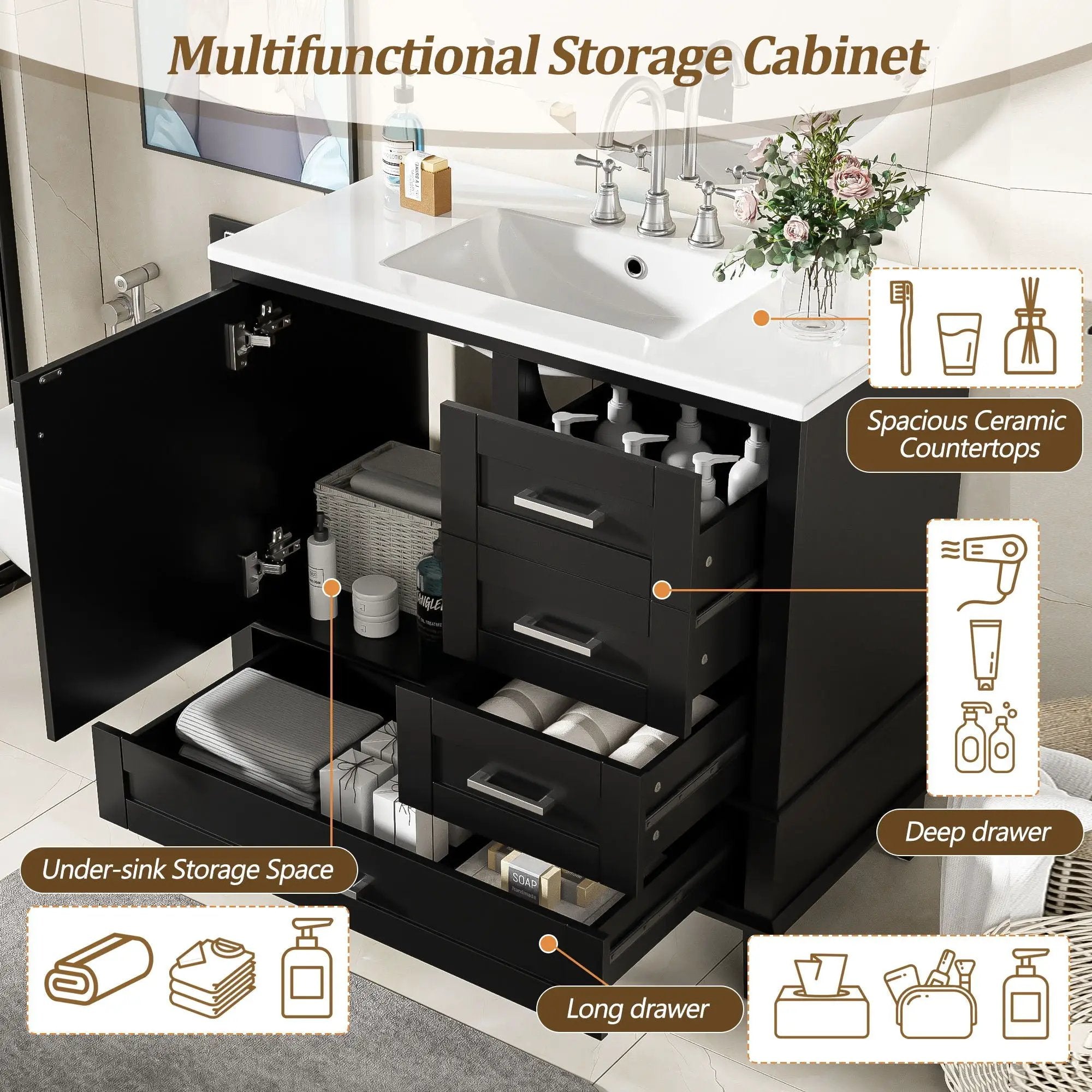 Bathroom Vanity, Modern Bathroom Cabinet With Sink Combo Set, Bathroom Storage Cabinet With A Soft Closing Door And 3 Drawers, Solid Wood Frame by HouseOfZazla