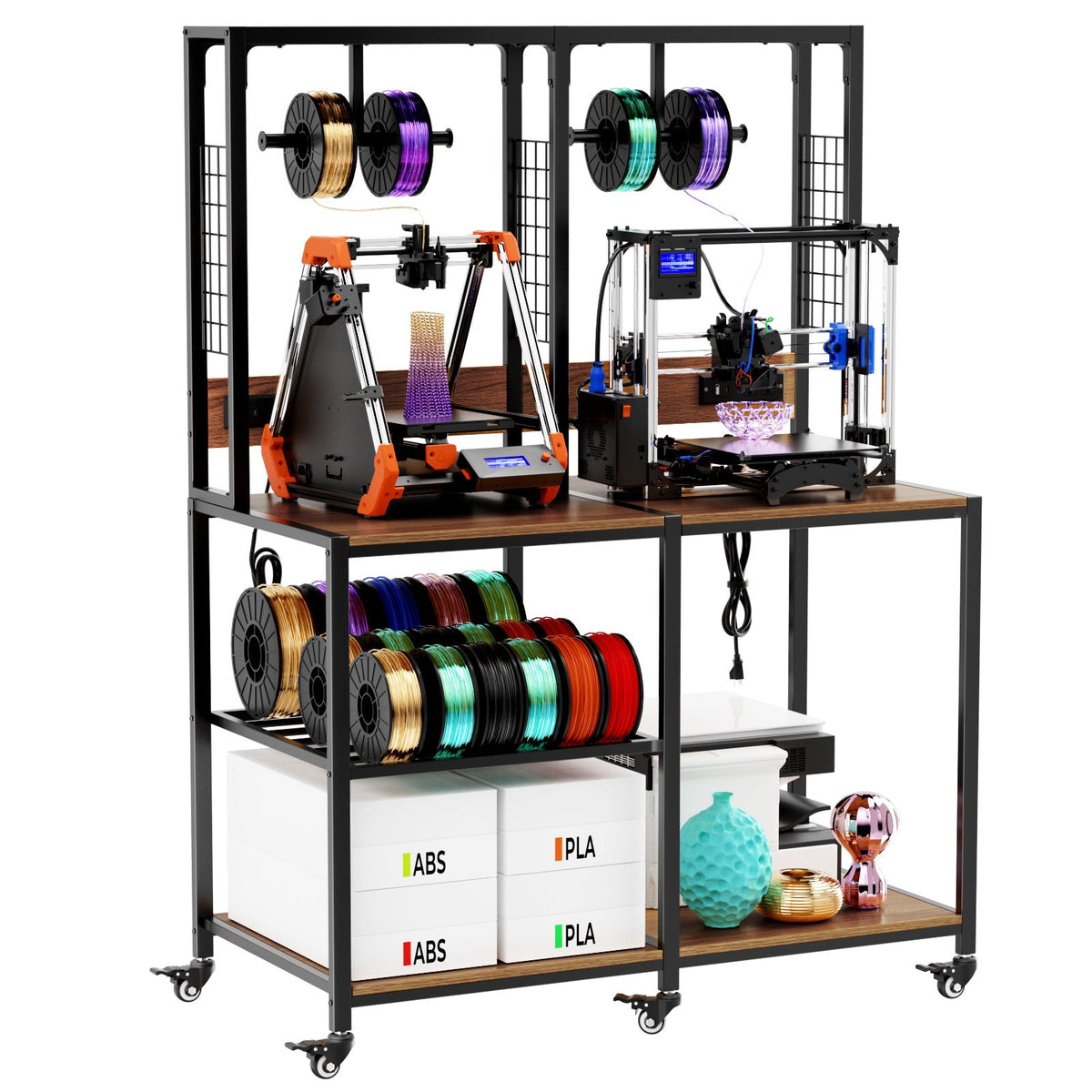 Double 3D Printer Stand with Filament Storage and Lockable Wheels - Black, photo 8 of 10