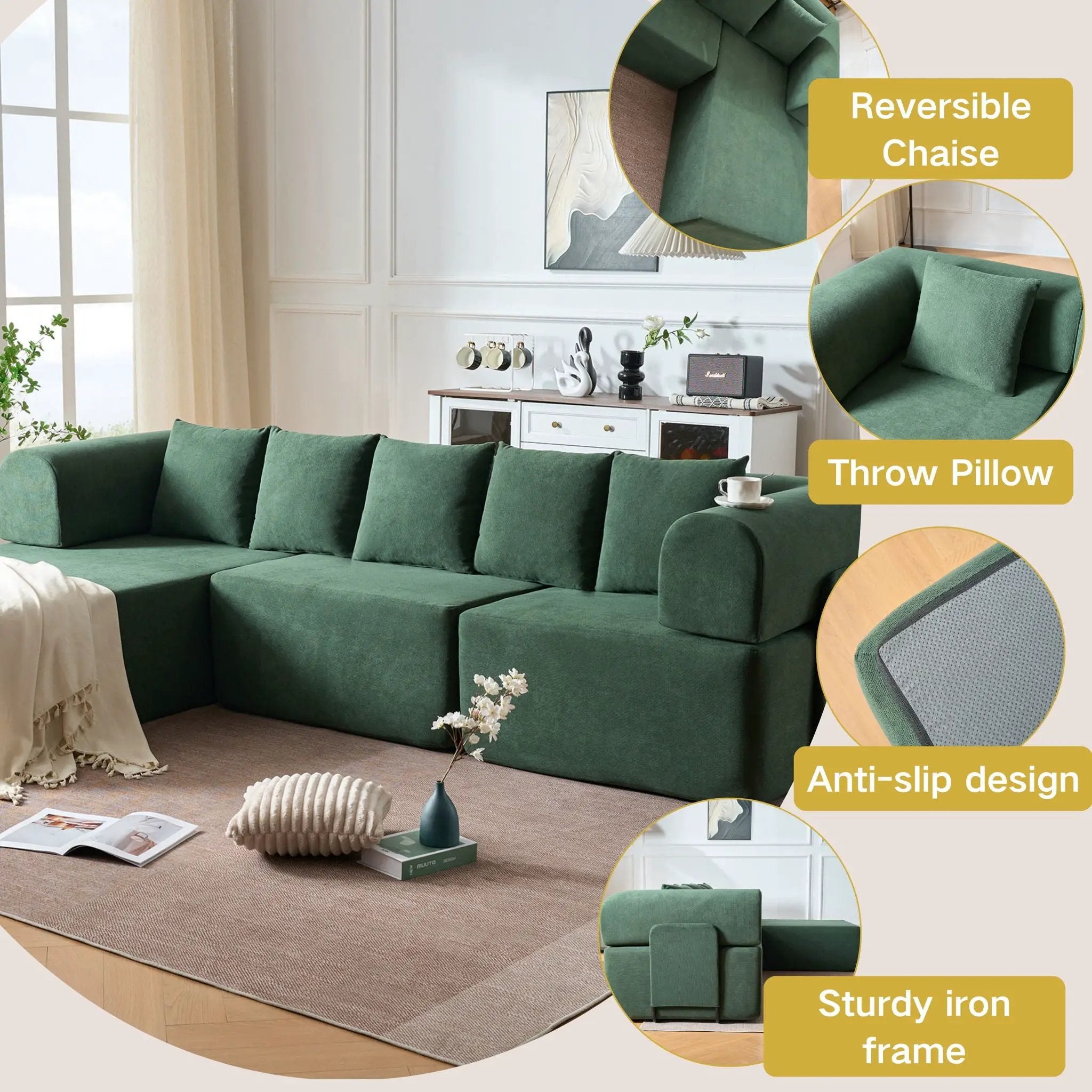 Modular L-Shaped Sectional Sofa With Deep Seat, Movable Chaise & 5 Pillows by HouseOfZazla